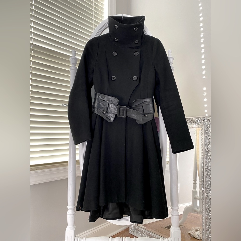 Mackage wool dress coat with leather corset belt. Size Small.